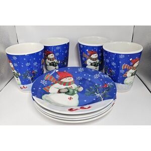 Set of 8 CHRISTMAS SNOWMAN & CARDINAL FRIENDS WINTER 4 PLATES (7 1/2") 4 CUPS